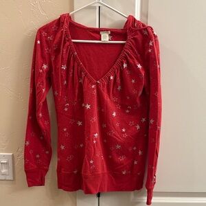 Red Star Print V-Neck Hooded Long Sleeve Top